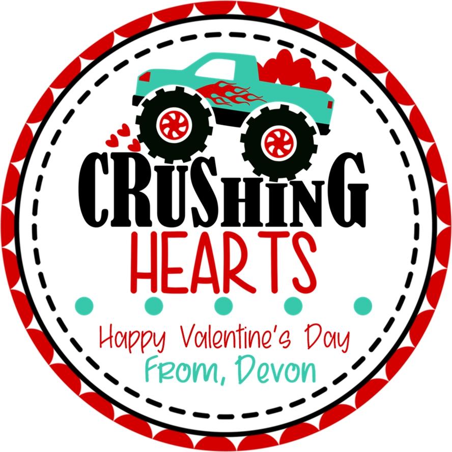 crushing hearts monster truck valentine label for classroom exchange