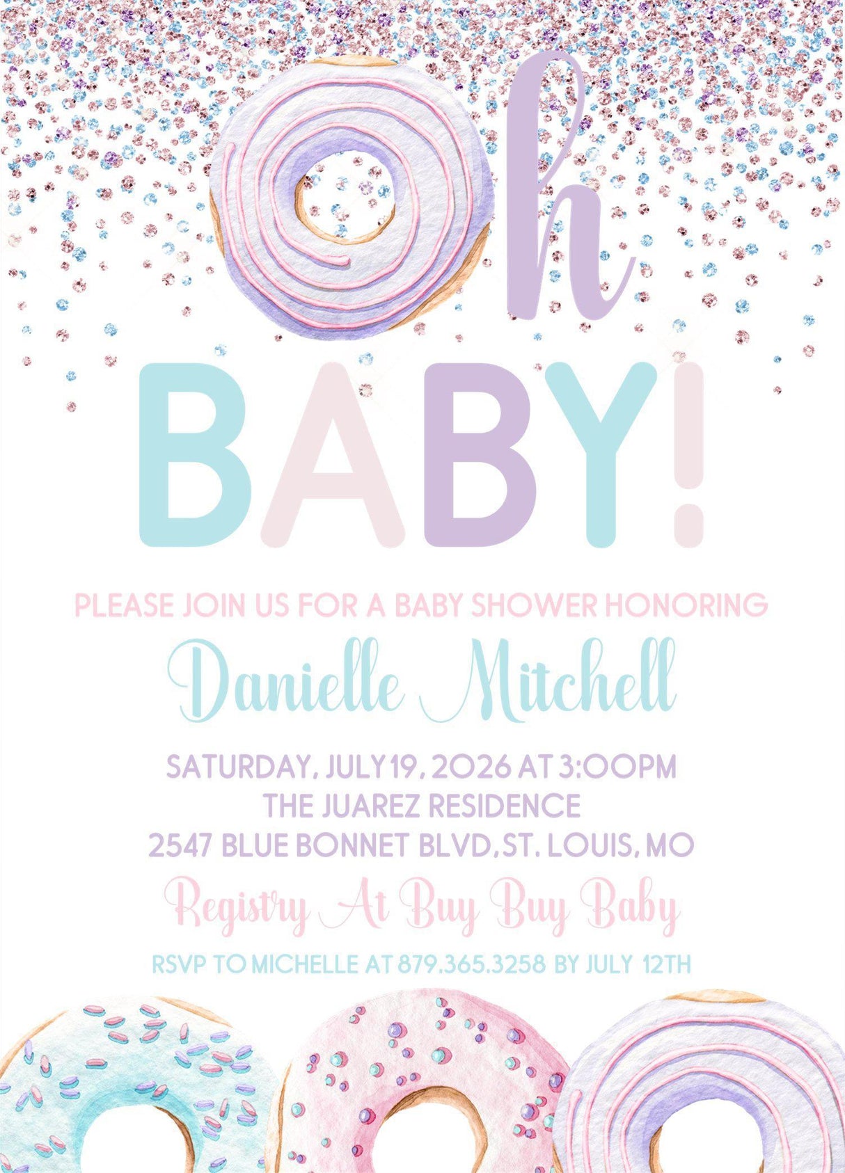 donut baby shower invitations pastel sprinkle design