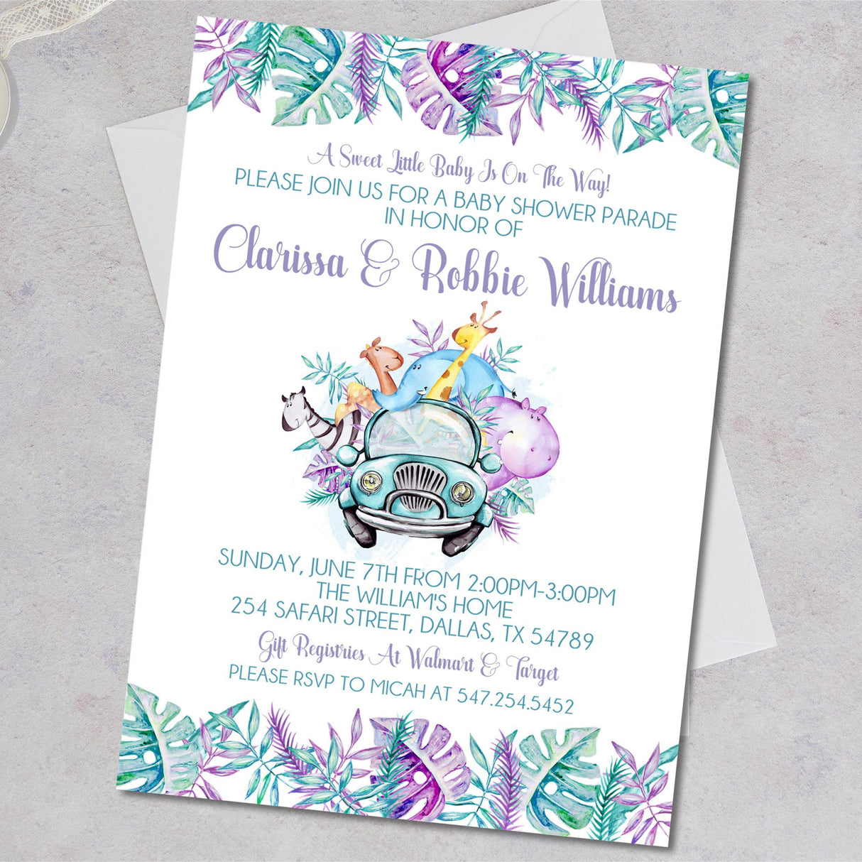 drive by baby shower invitations safari animal parade design