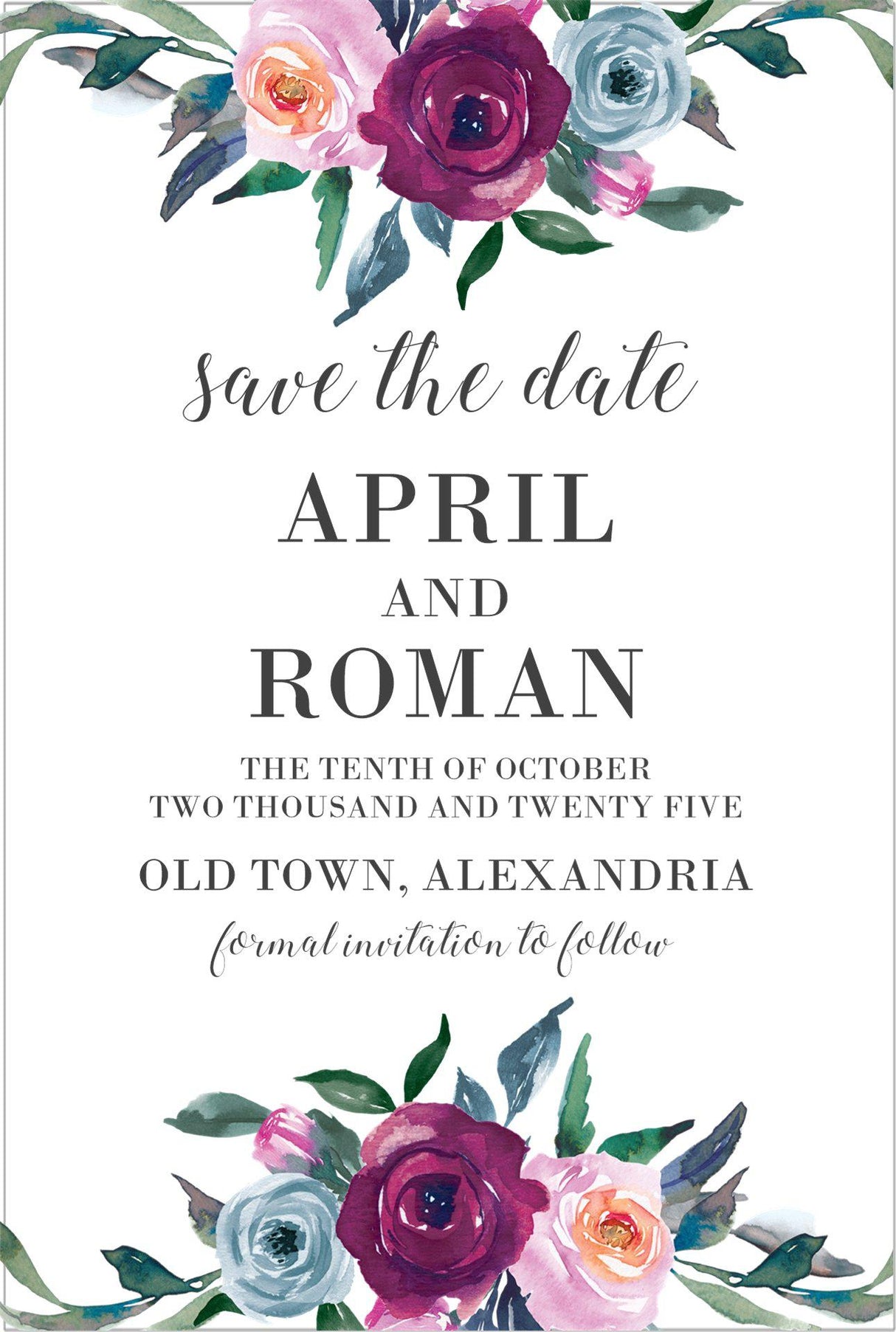 dusty blue and burgundy flower wedding save the dates elegant greenery theme