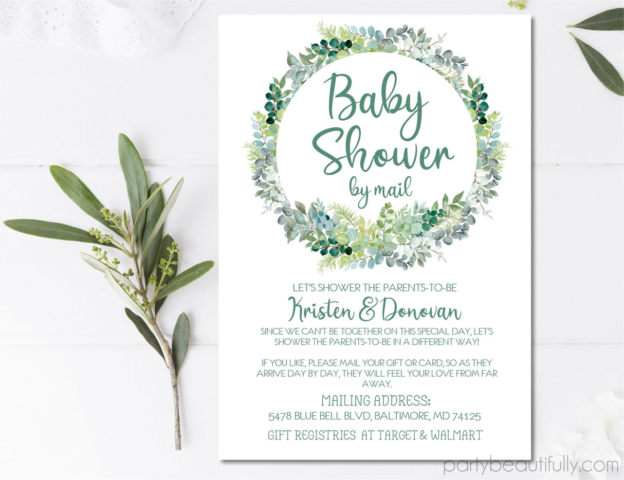 eucalyptus wreath baby shower by mail invitation cards rustic botanical style