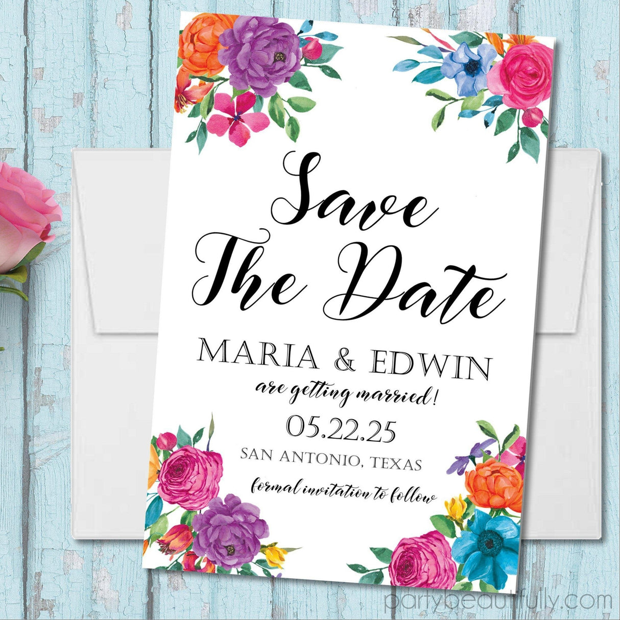 fiesta save the date cards colorful floral wedding design