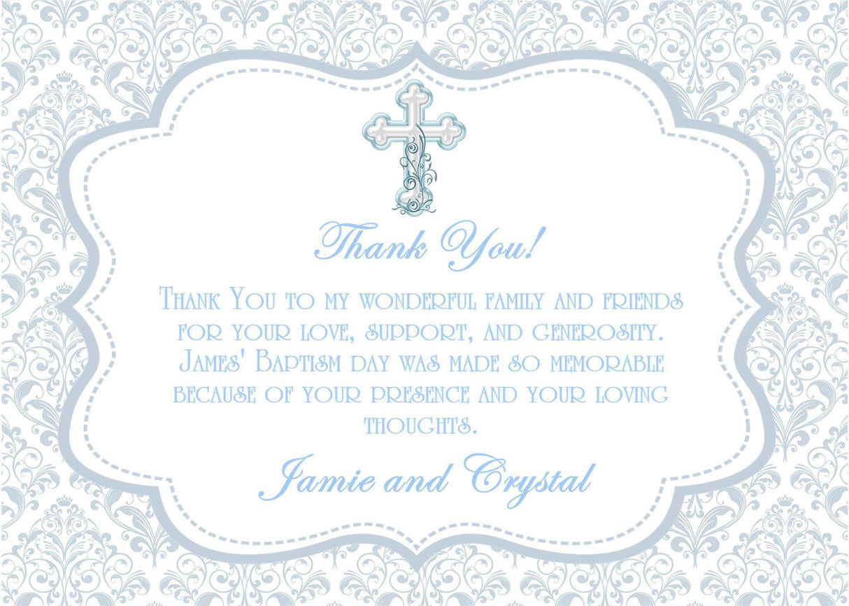 first holy communion thank you cards blue damask design