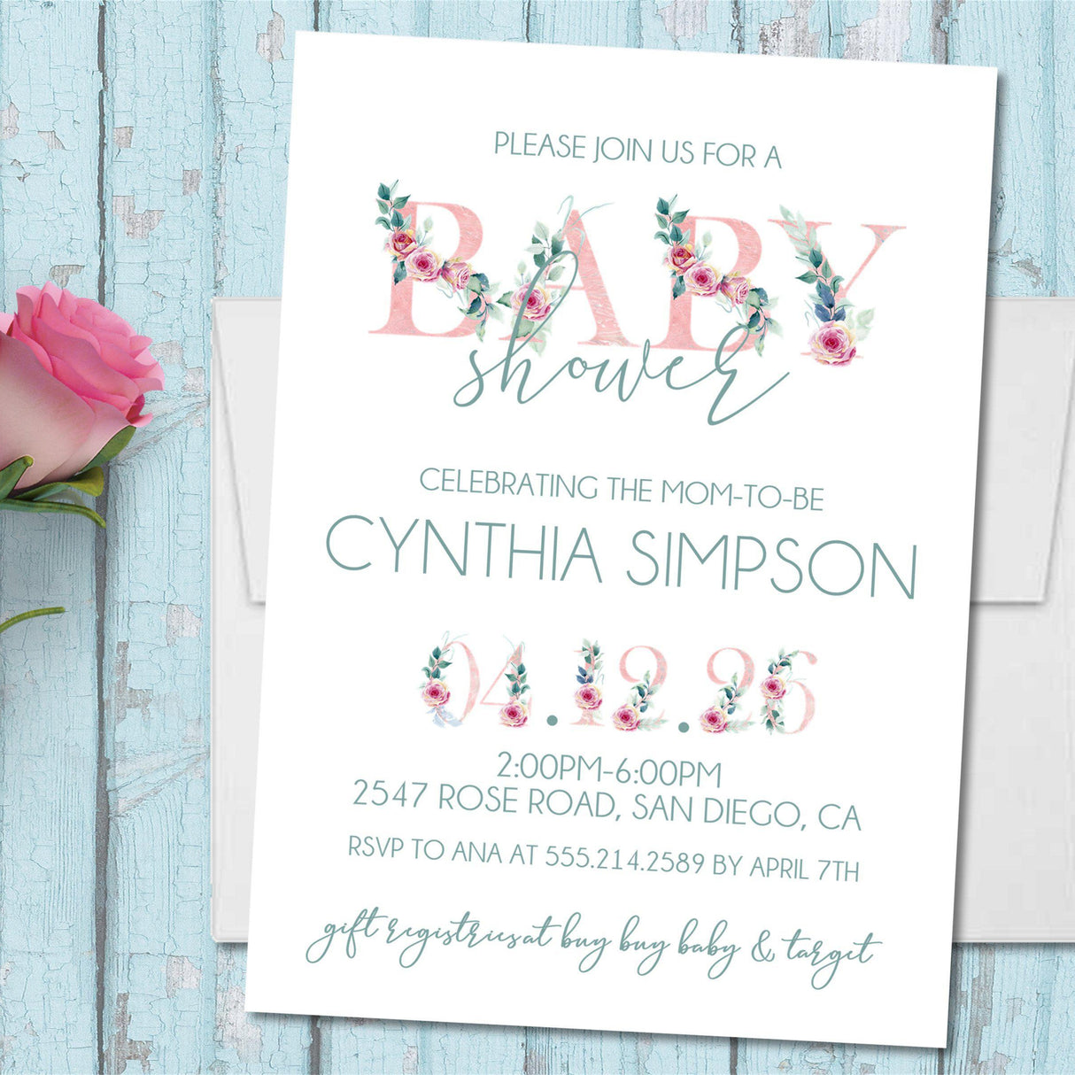 floral baby shower invitations pink green botanical design