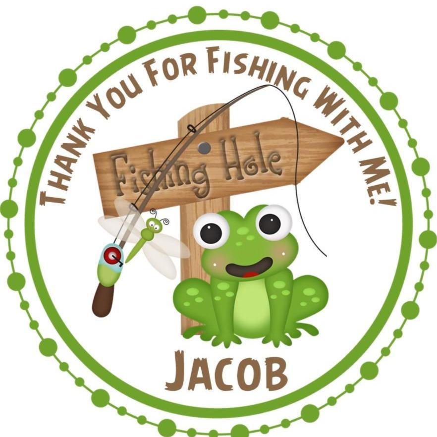 frog fishing birthday sticker with wooden fishing hole sign