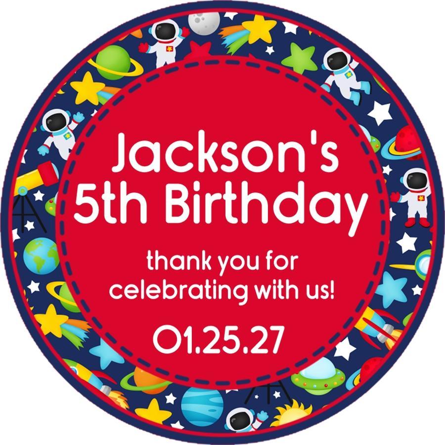 galaxy birthday party favor label with planets