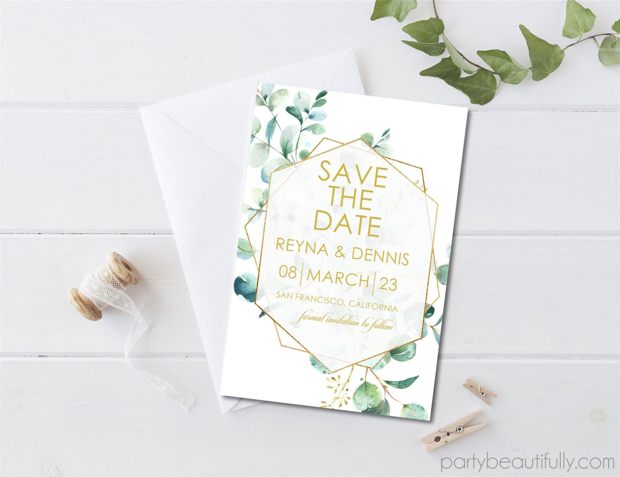 garden wedding save the date cards eucalyptus foliage accents