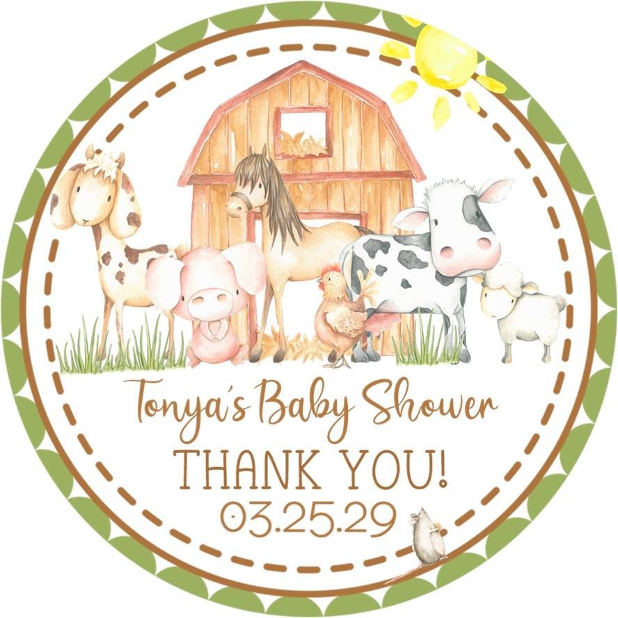 gender neutral barnyard baby shower stickers with cow pig and horse