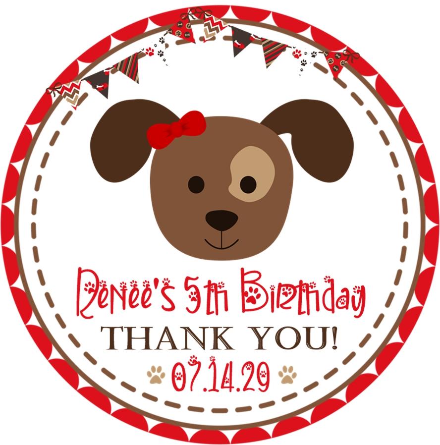 girls red puppy birthday sticker with brown puppy face with bow