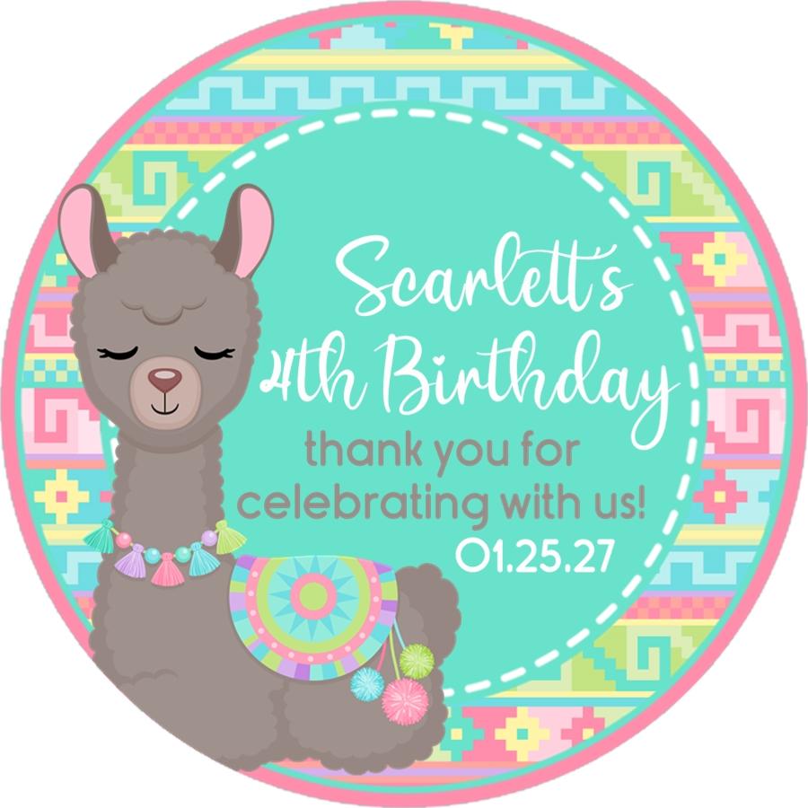 gray llama birthday sticker with colorful tassels