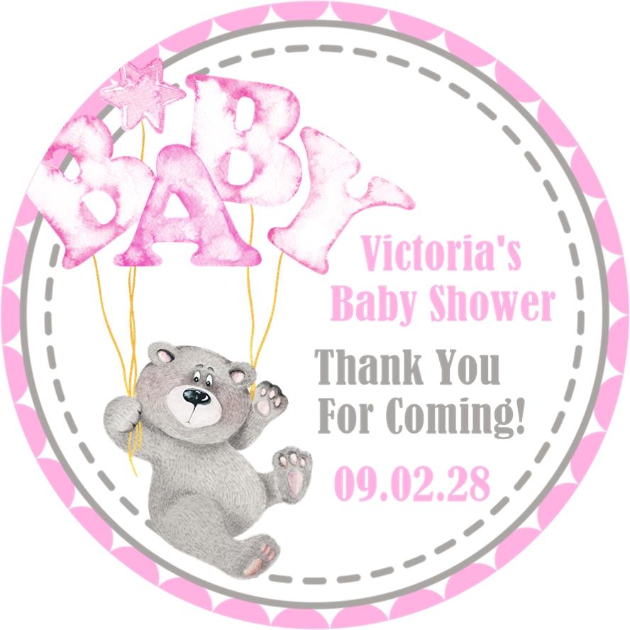 gray teddy bear baby shower sticker with pink baby balloons