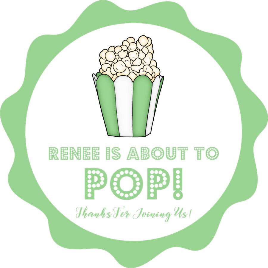 green about to pop popcorn favor label