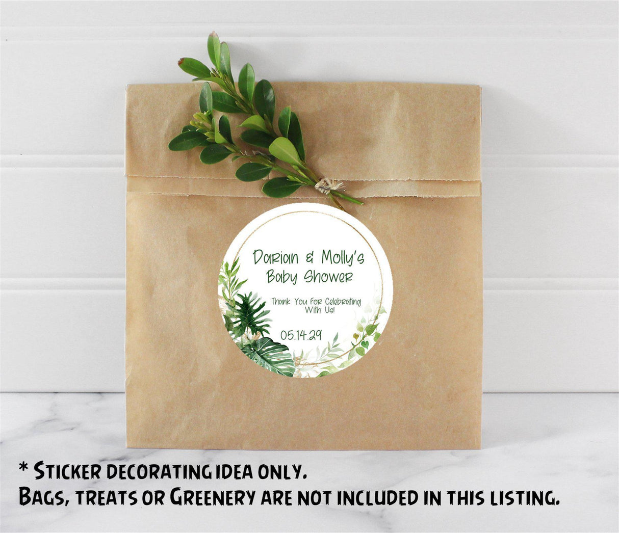 greenery and gold baby shower favor label