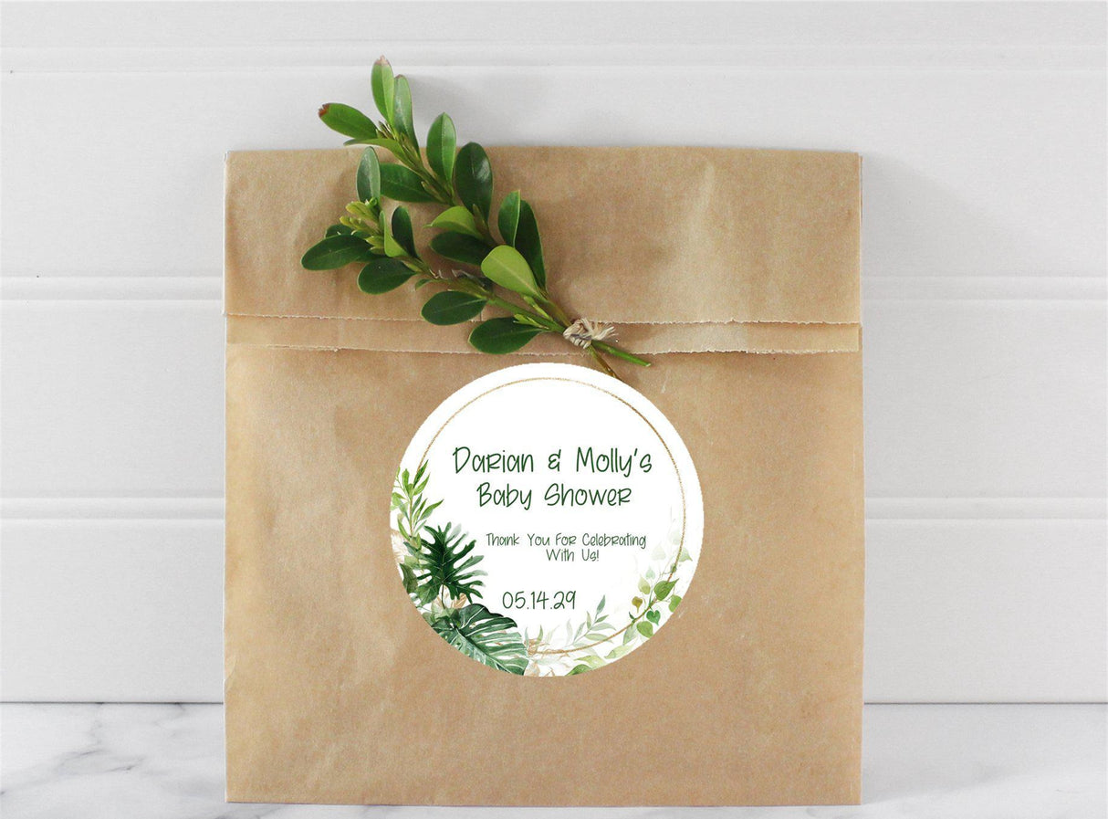 greenery and gold baby shower favor label