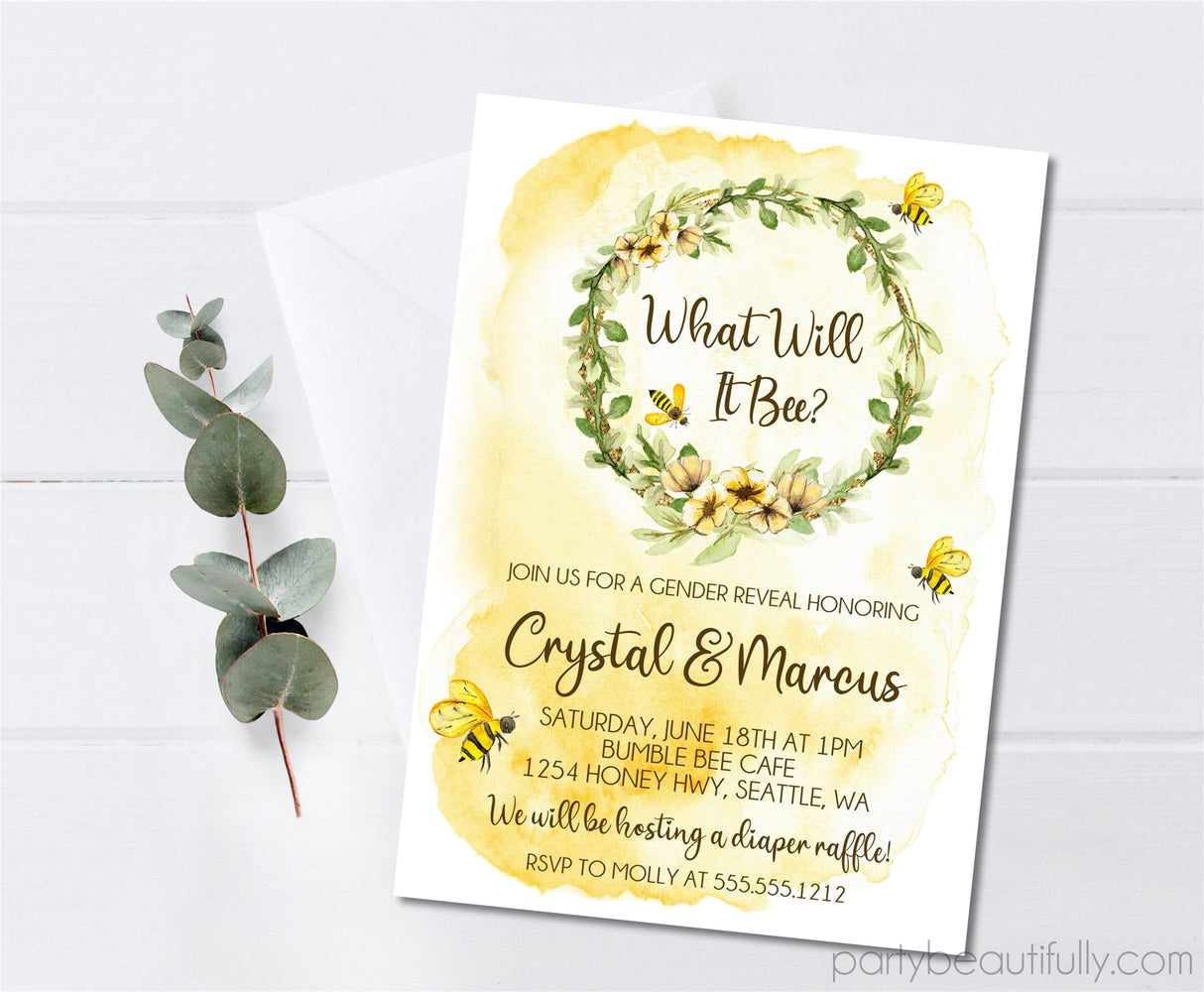 honey bee gender reveal invitations watercolor wreath theme