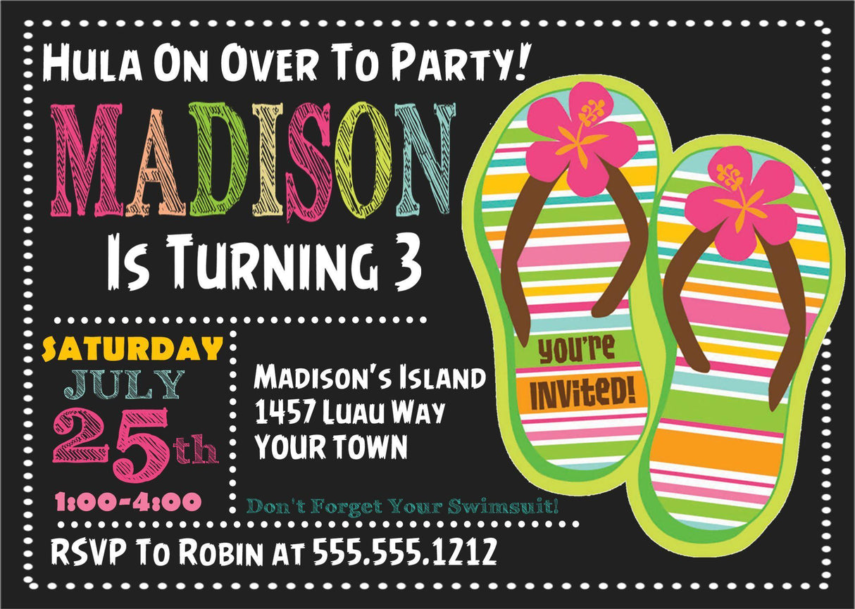 luau birthday party invitations tropical flip flop design