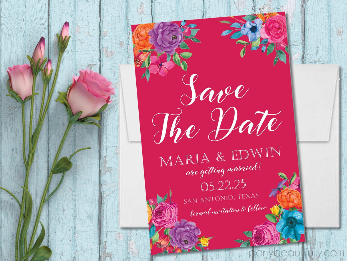mexican fiesta save the date bright pink floral announcement
