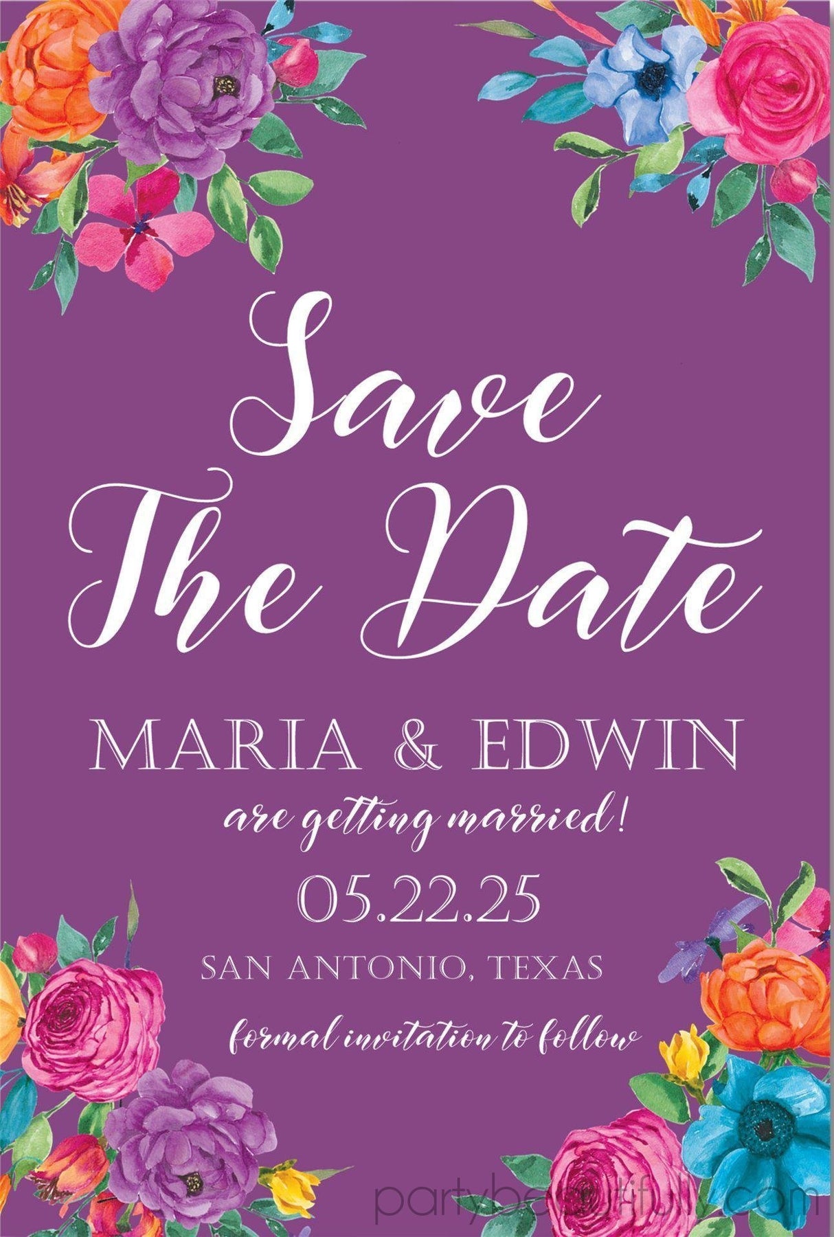 mexican fiesta save the date purple floral announcement