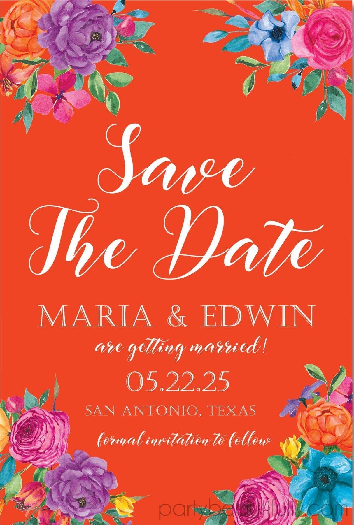 orange fiesta save the date cards colorful floral mexican wedding design