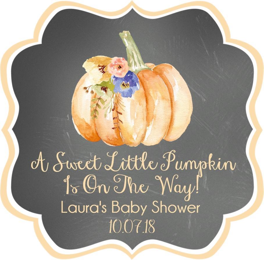 orange pumpkin baby shower sticker with chalkboard background