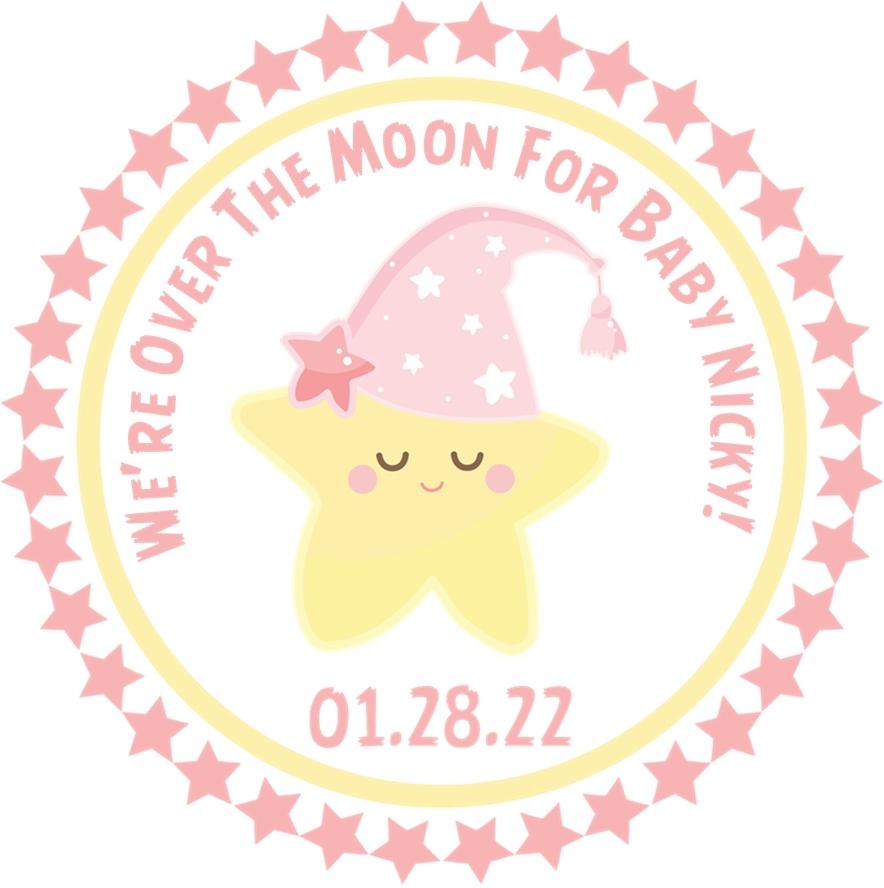 over the moon baby shower sticker with pink and yellow star