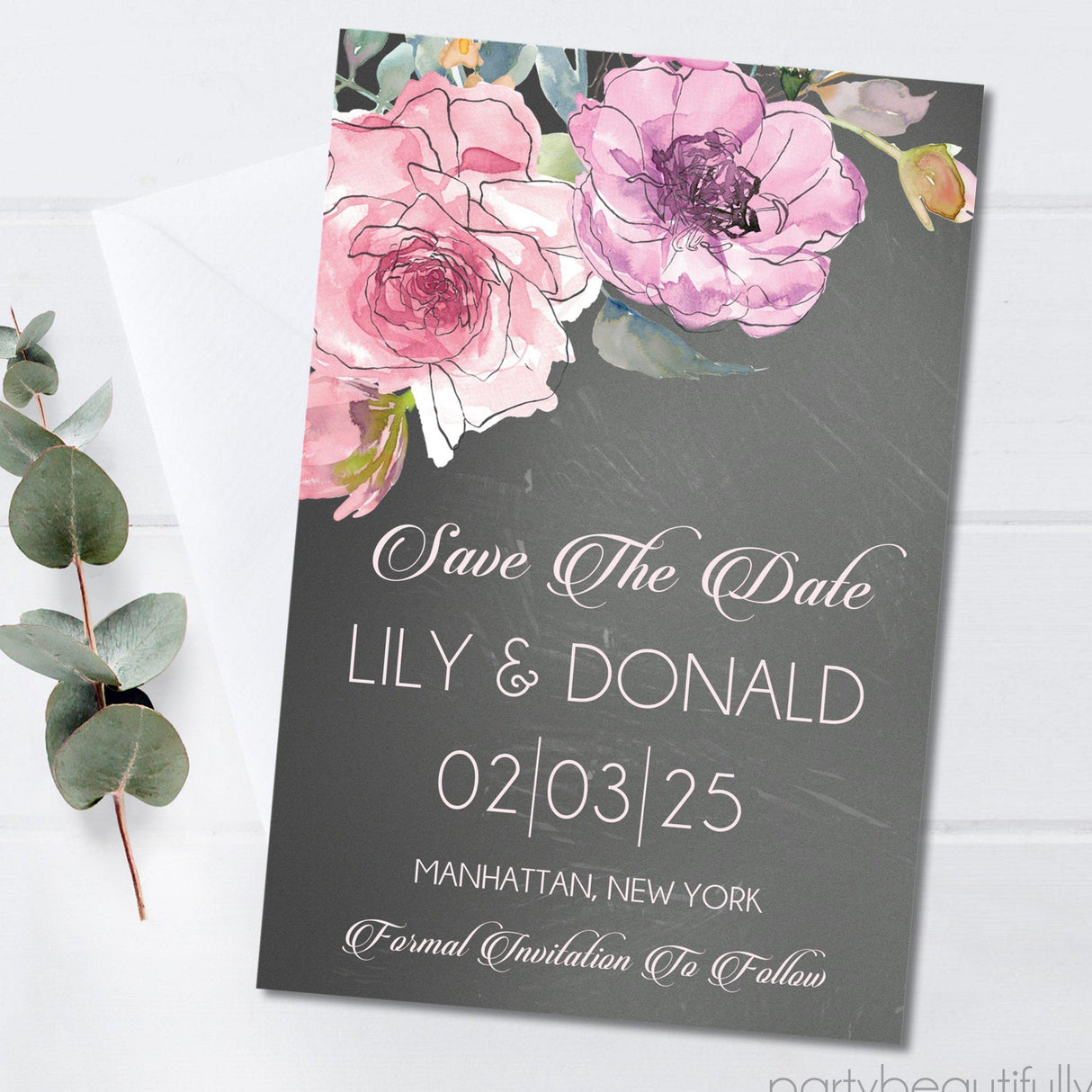 oversized pink flower wedding save the dates dark background theme