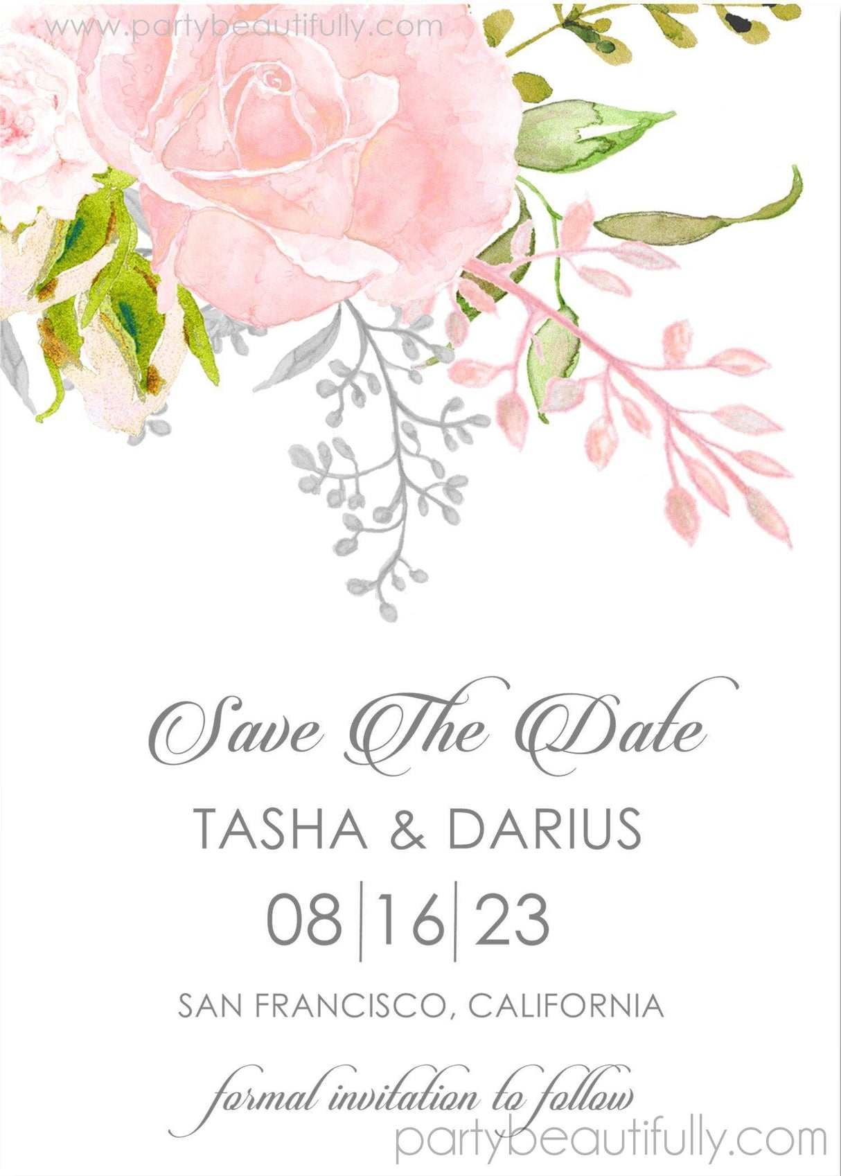 pale pink floral wedding save the dates elegant greenery theme