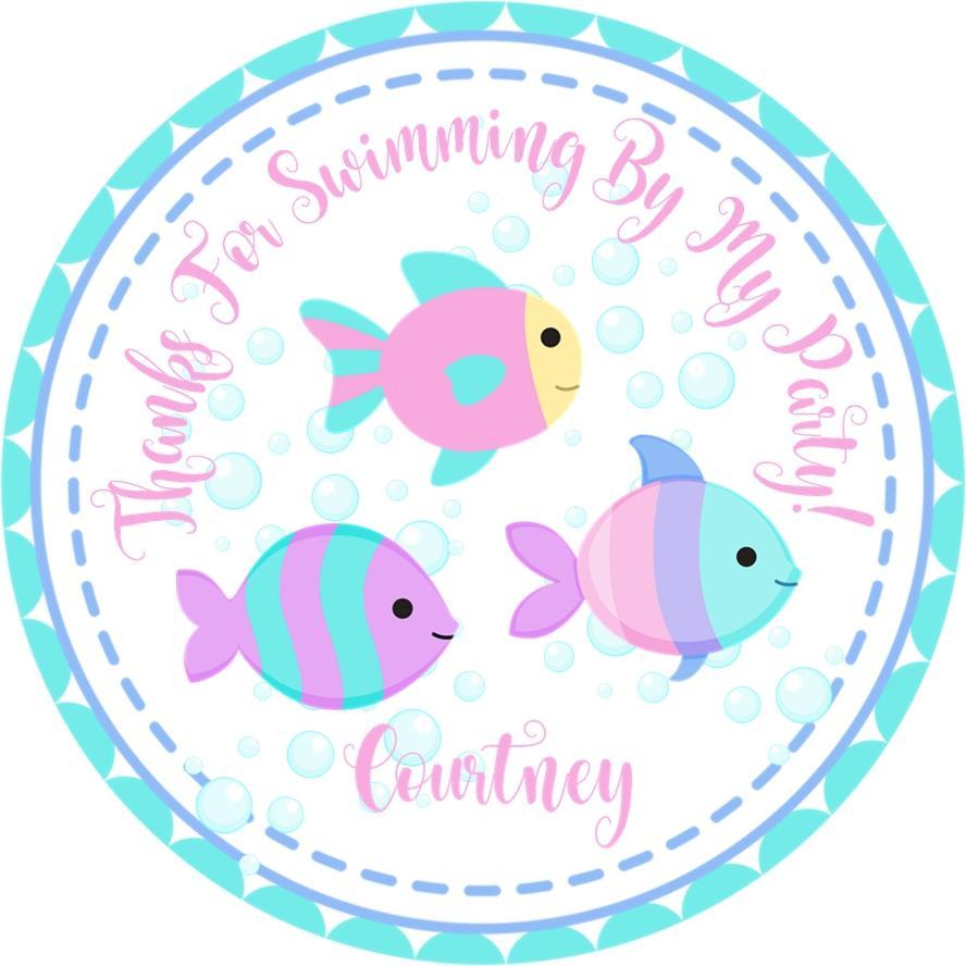pastel fish birthday stickers in pink teal and lavender
