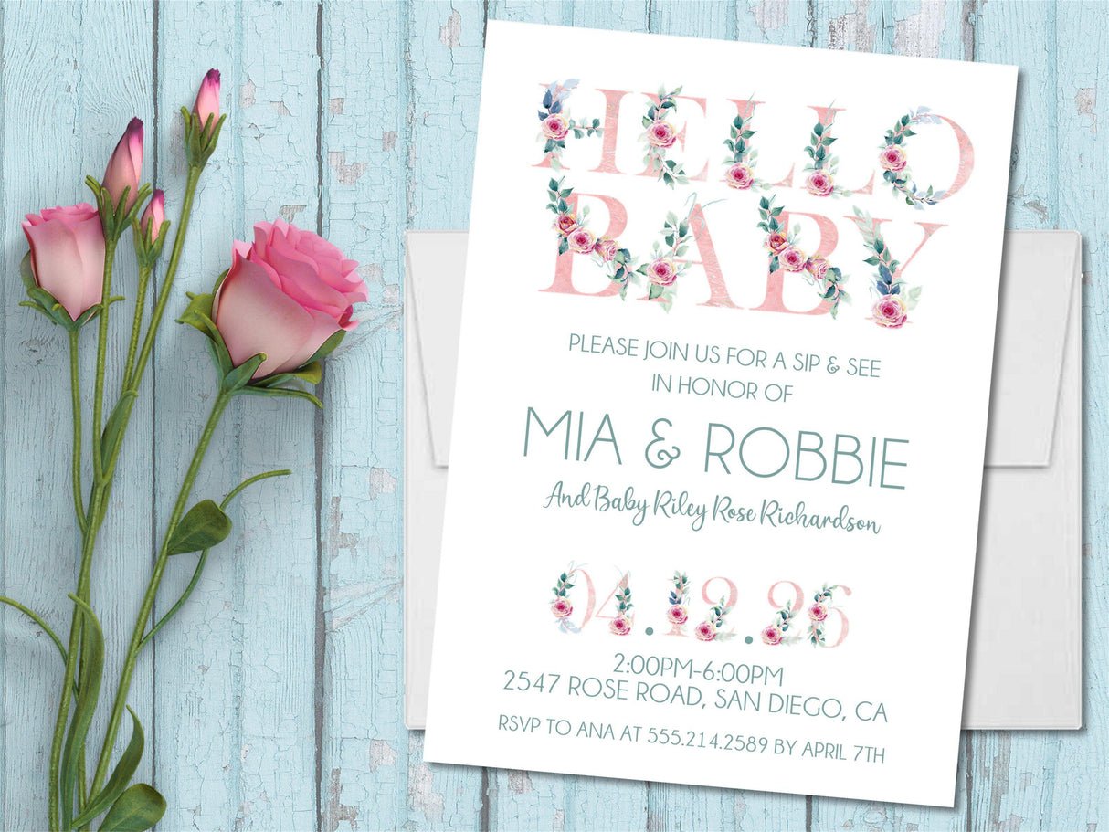 pastel pink rose invitation cards newborn meet and greet