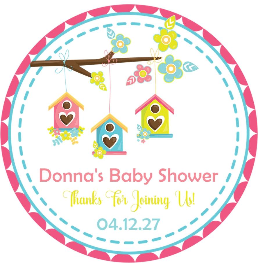 pastel spring birdhouse favor label for baby shower