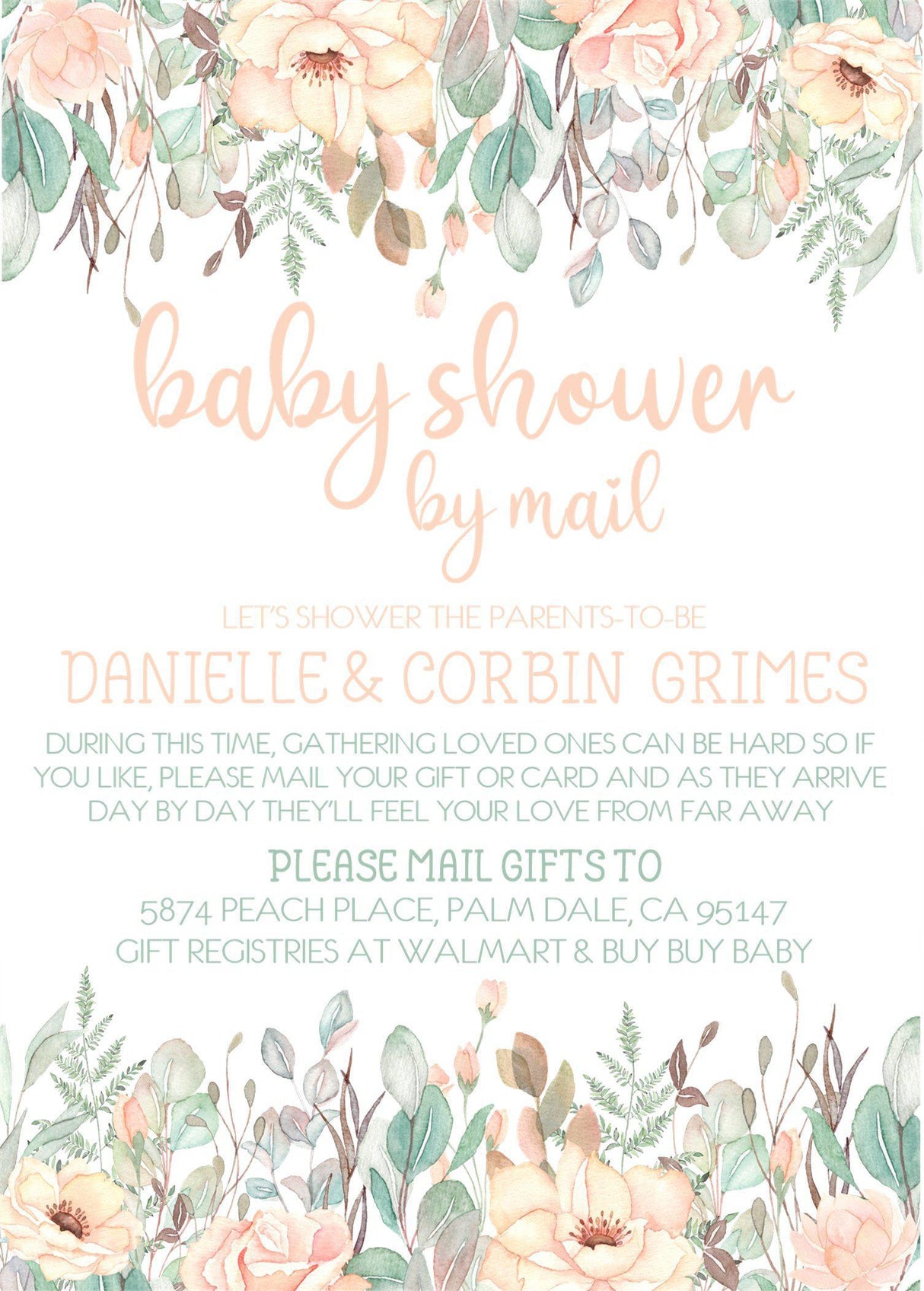 peach flower baby shower by mail invitation cards botanical garden style for girls