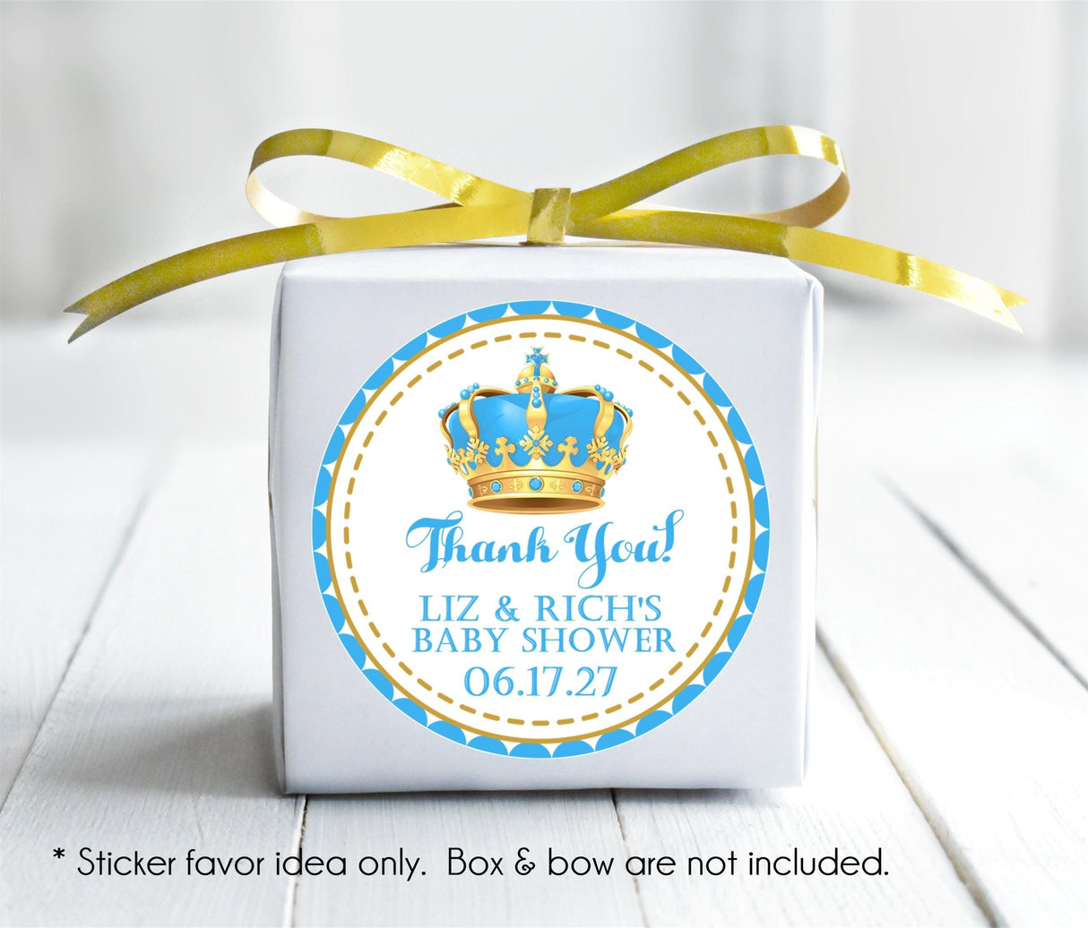 personalized baby shower thank-you sticker with crown design