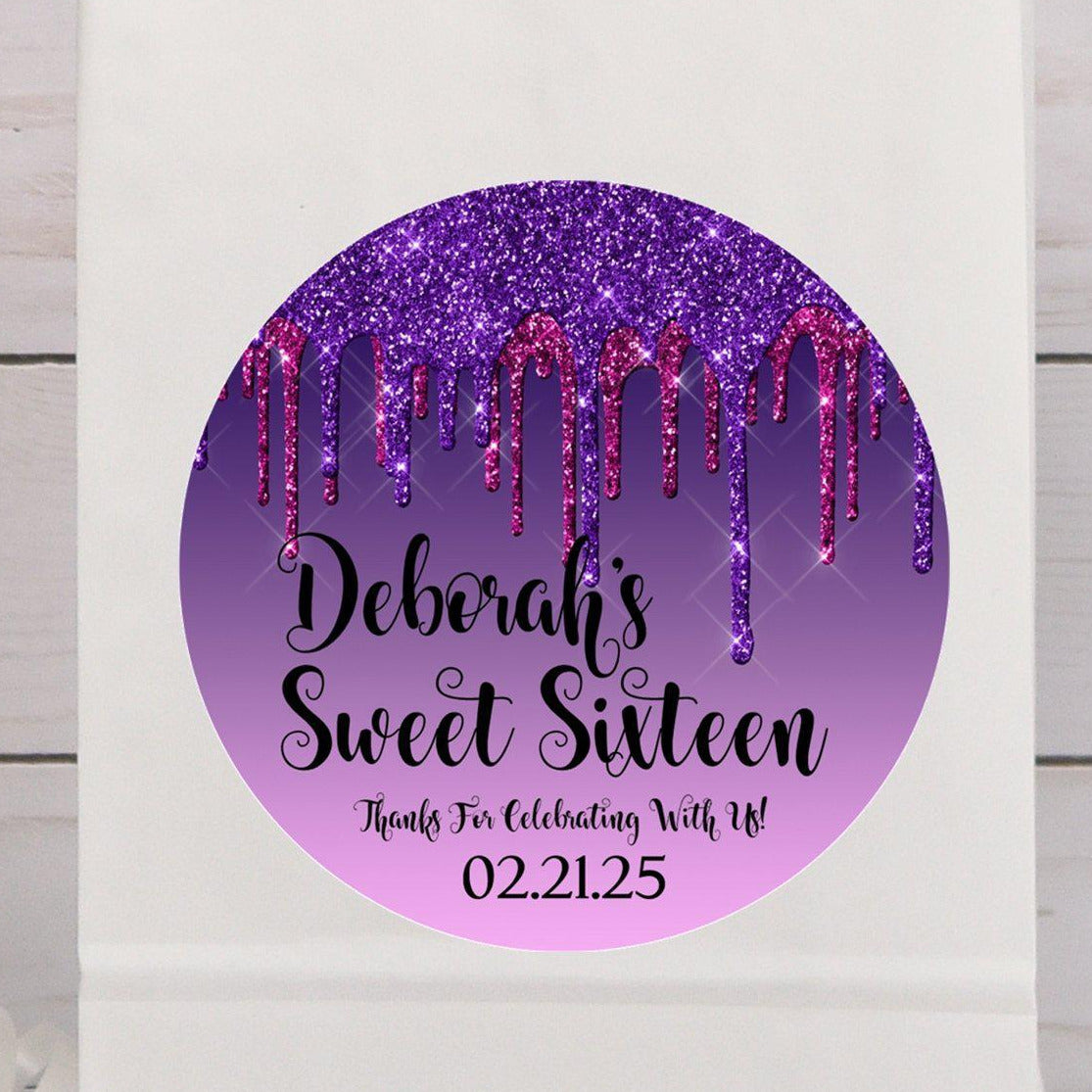 personalized pink purple sweet sixteen party label