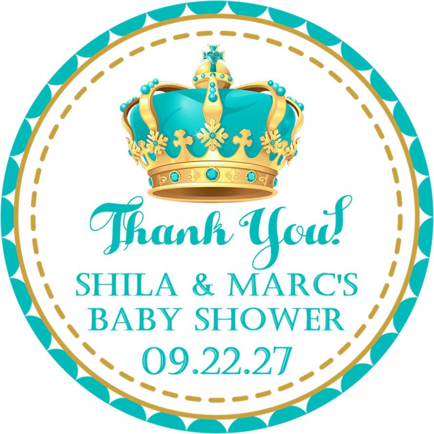 personalized prince baby shower favor label in turquoise and gold