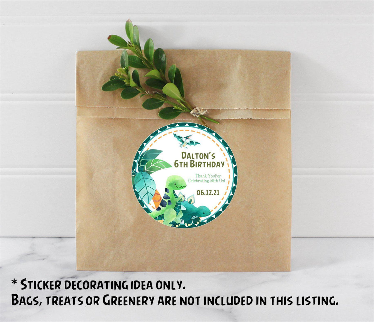 personalized toddler dinosaur party favor sticker green theme