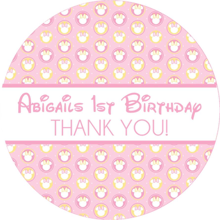 pink Minnie bow birthday sticker with pastel bow pattern