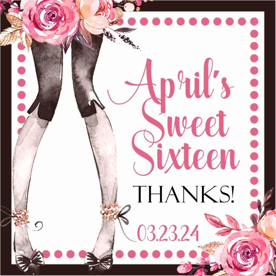pink and black sweet sixteen birthday sticker with floral legs design