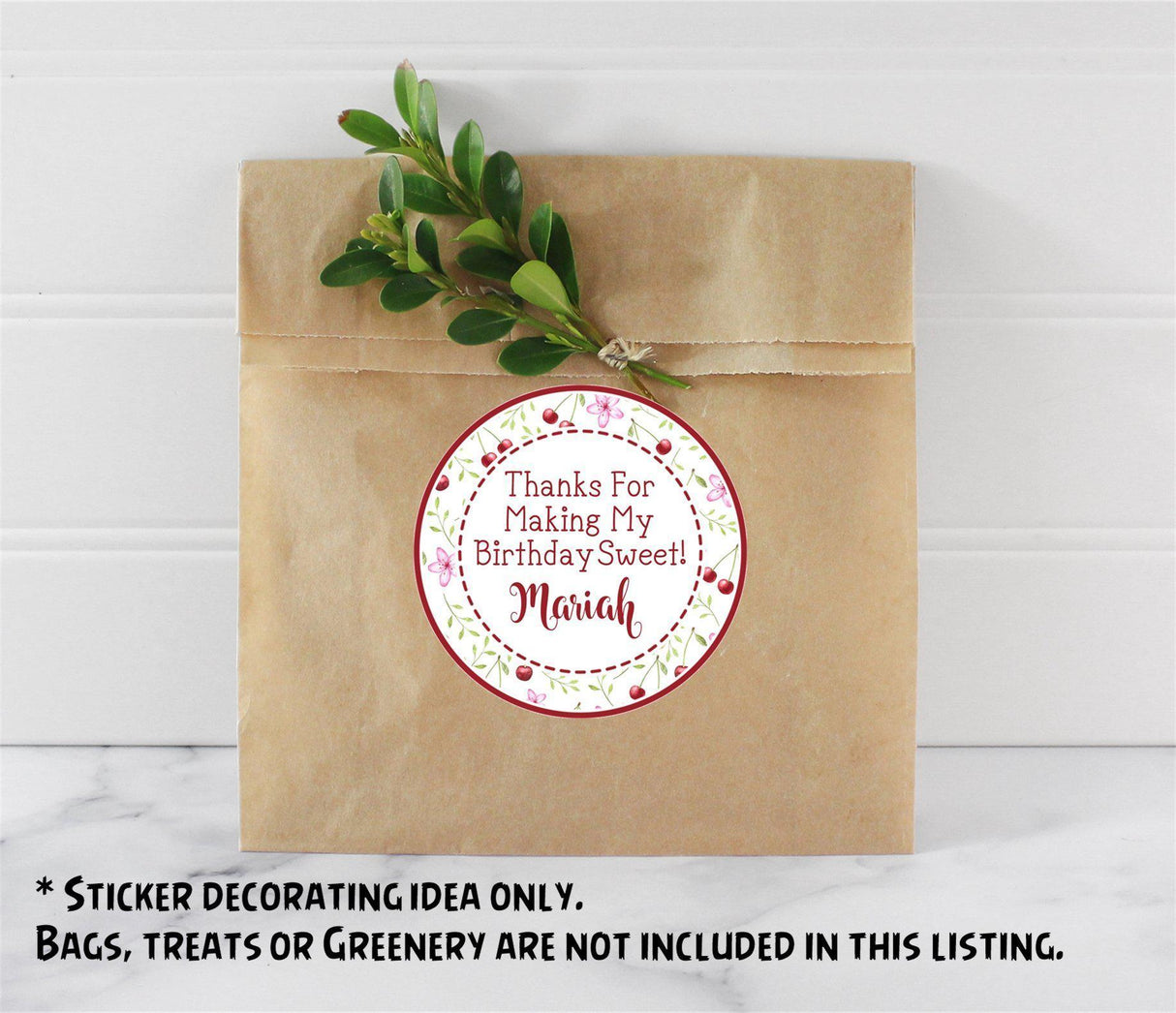 pink and red cherry party favor label with blossoms