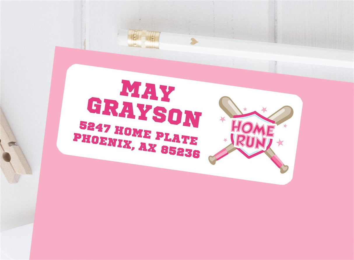 pink baseball girl address label on envelope