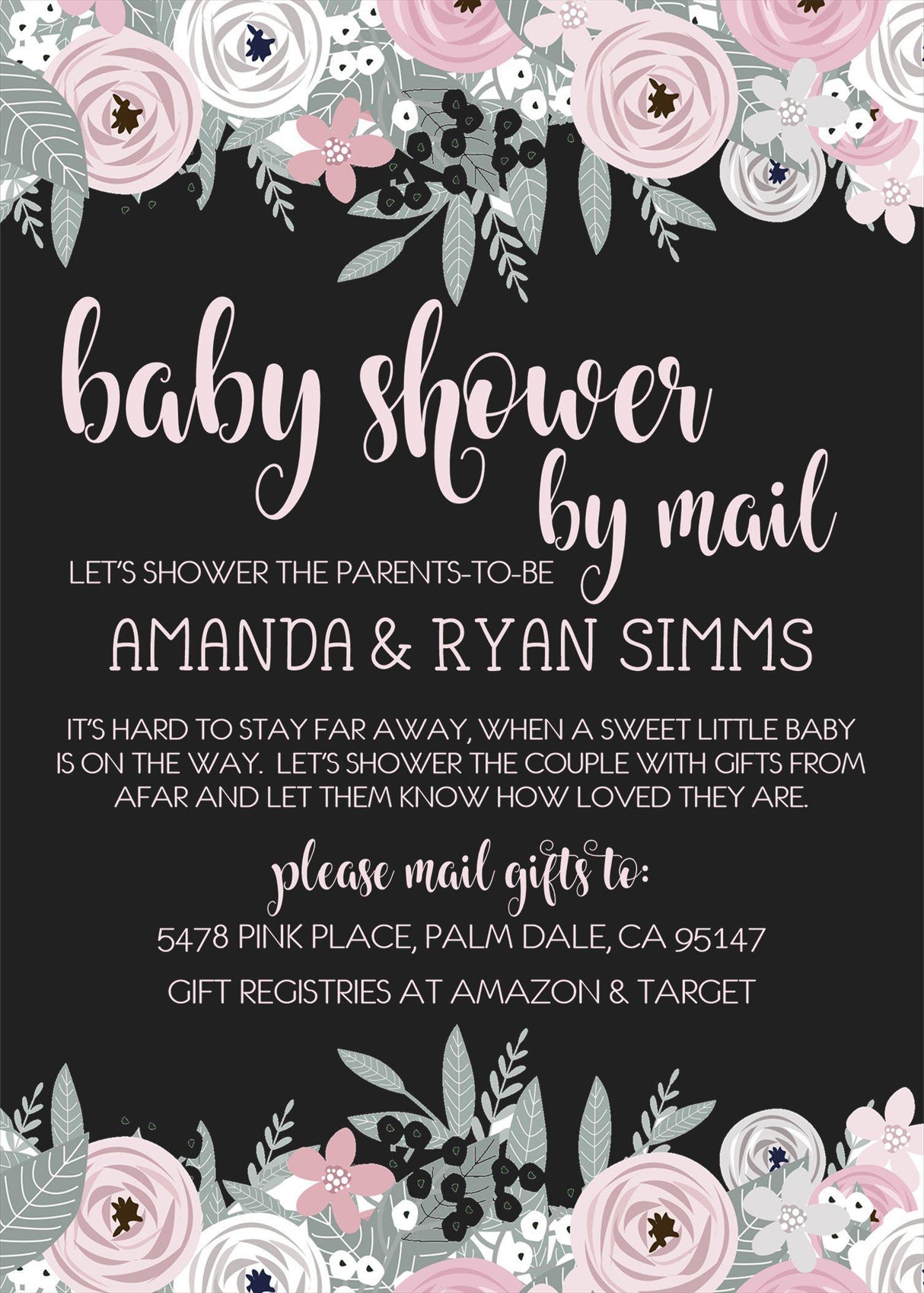pink black floral baby shower by mail invitations with matching address labels