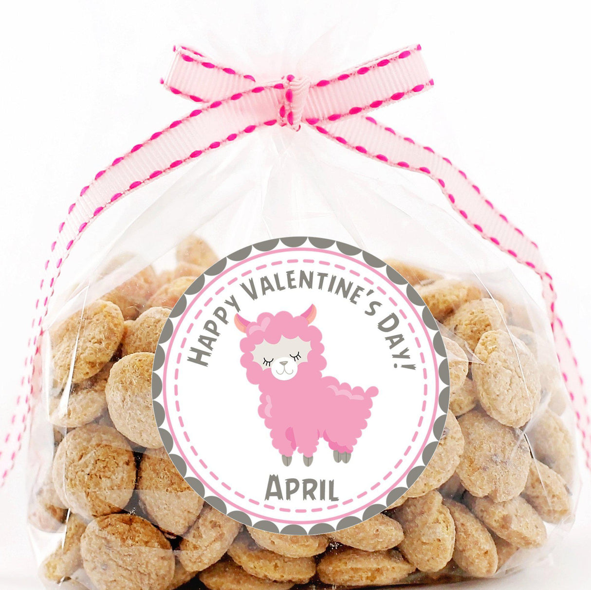 pink llama classroom valentine sticker with name