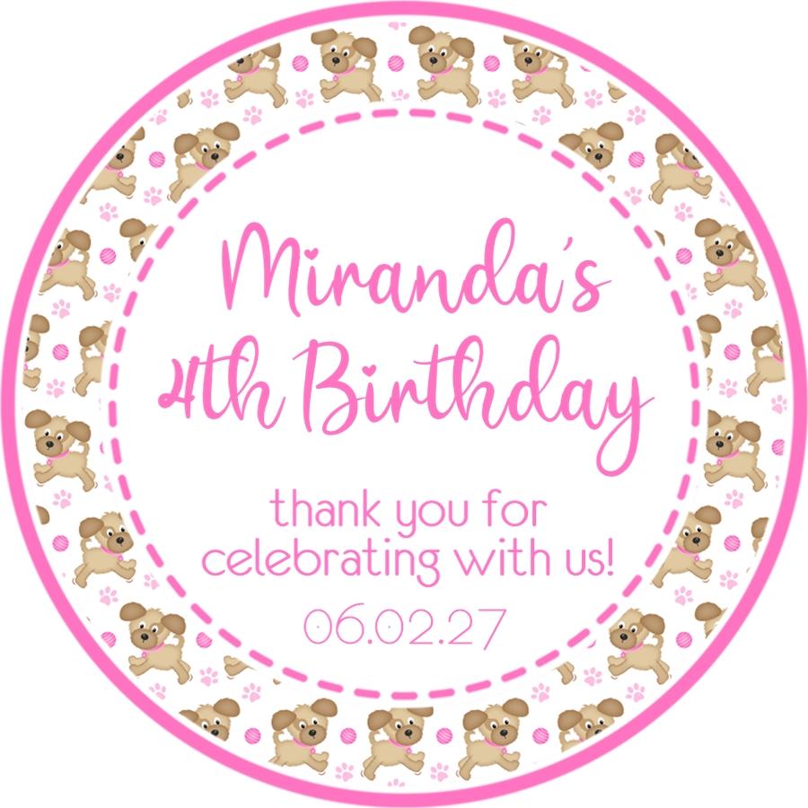 pink puppy pattern birthday sticker for girls