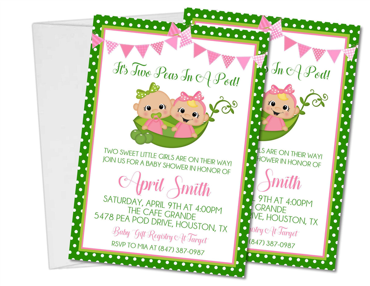 pink twin baby shower invitations pea pod theme
