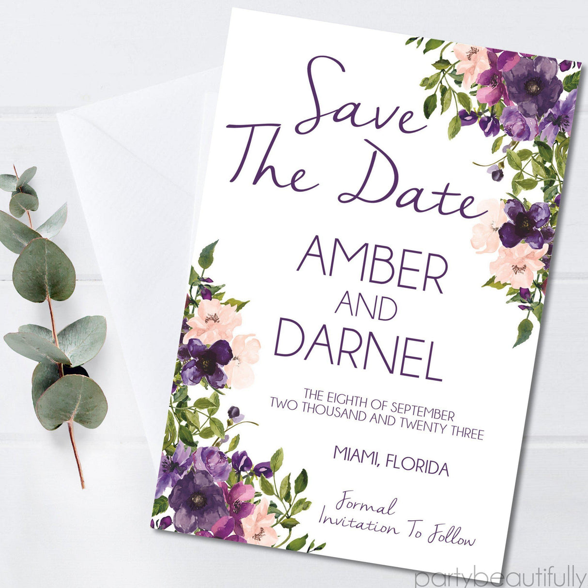 purple floral border save the date cards romantic botanical design