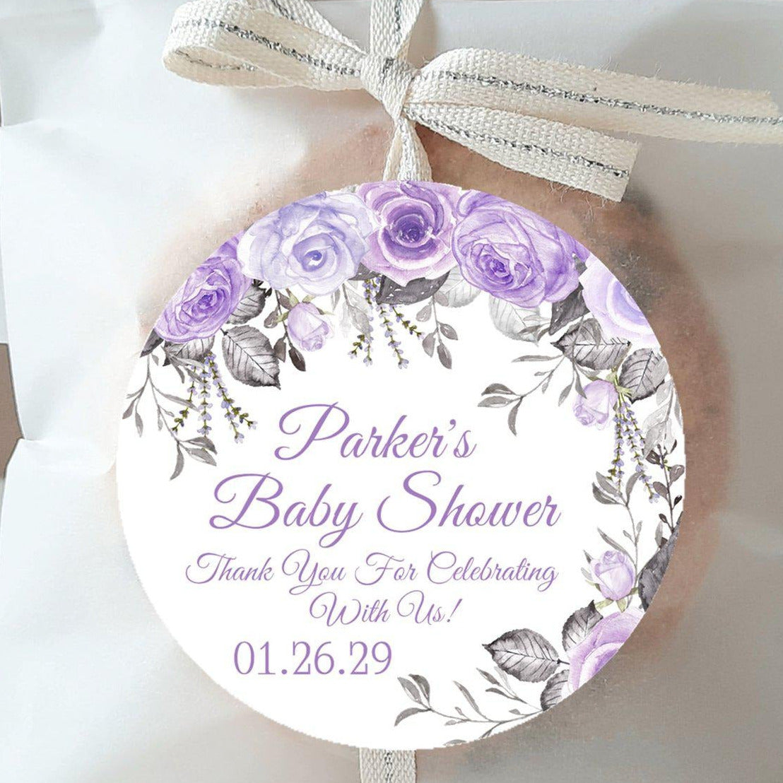 purple rose baby shower favor label