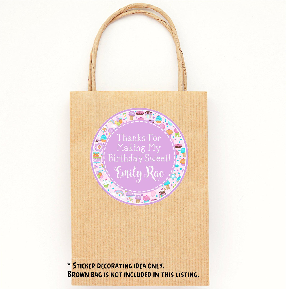 purple sweet shop themed party favor label