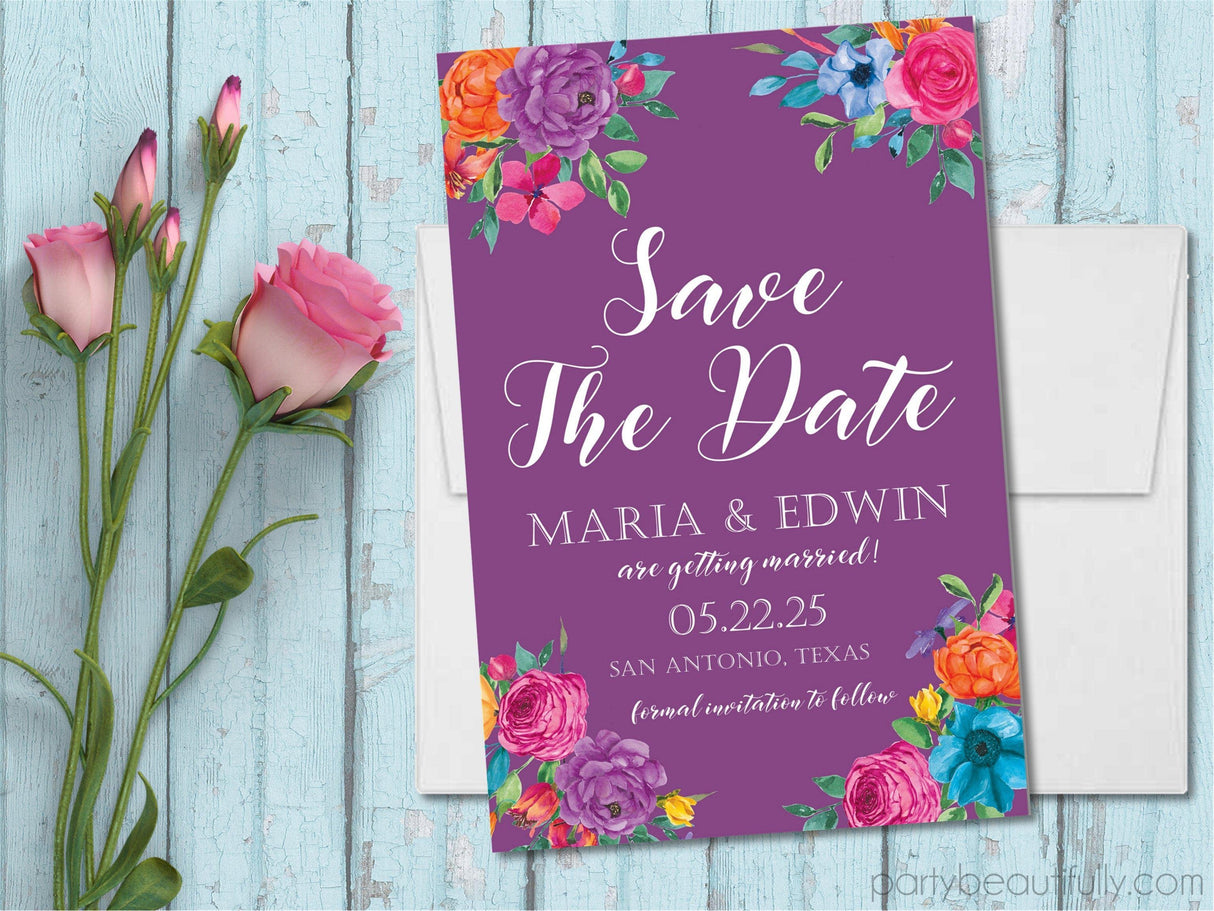 purple wedding save the dates tropical floral theme