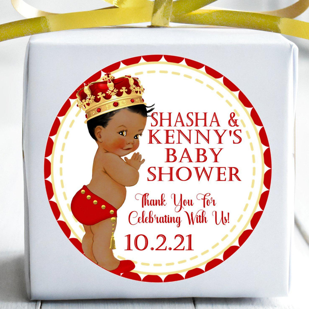 red and gold royal prince baby shower thank-you sticker