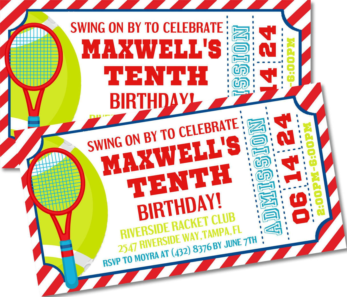 red blue yellow sports ticket party invitations tennis racket theme