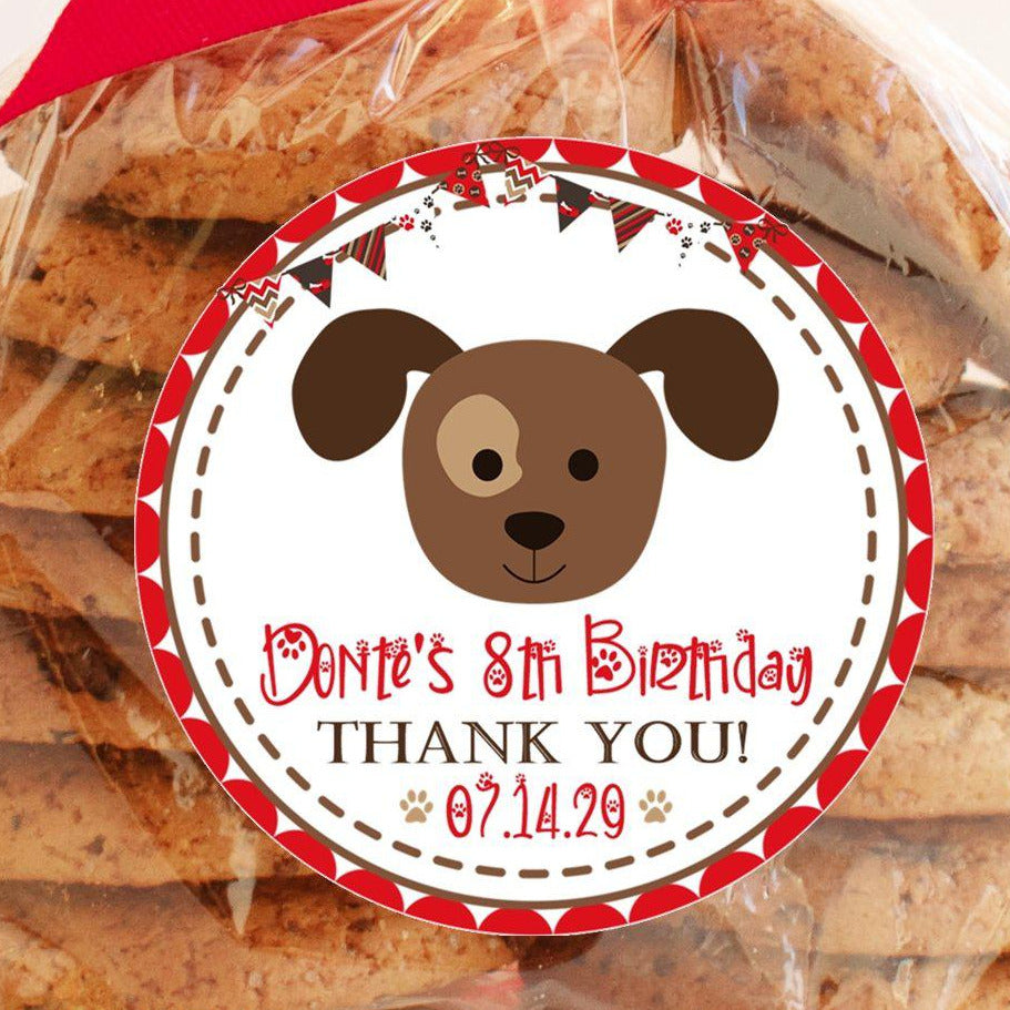red dog theme birthday treat sticker